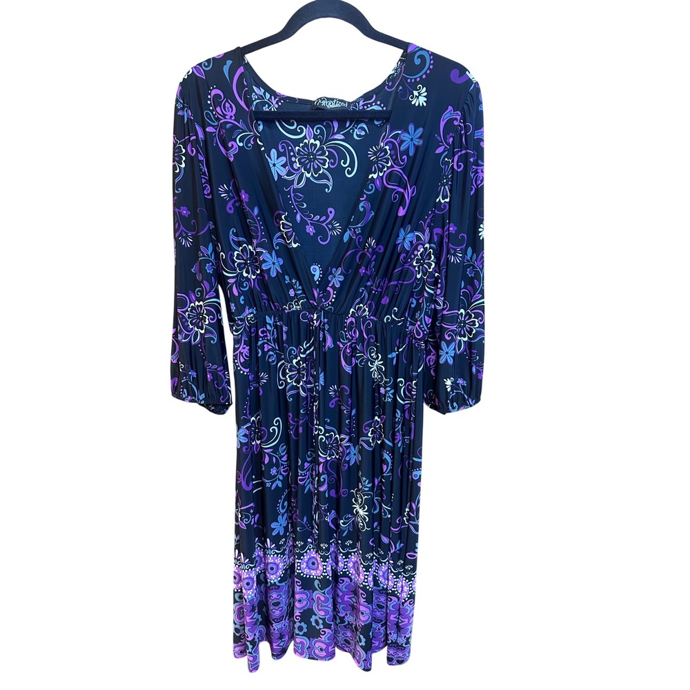 Hypnotized Womens Purple Floral Paisley V-Neck Empire Waist Midi Dress 3/4 Sleev